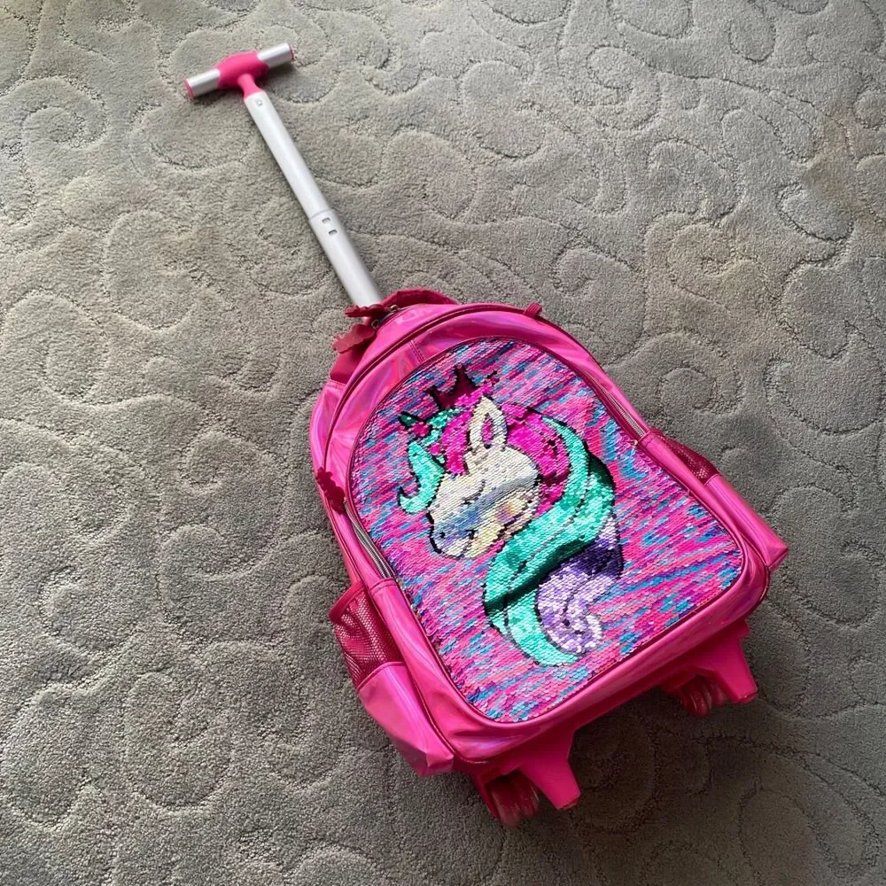 Jasminestar Rolling Backpack 17” girls unicorn flipable & lunchbox, Pencil Case